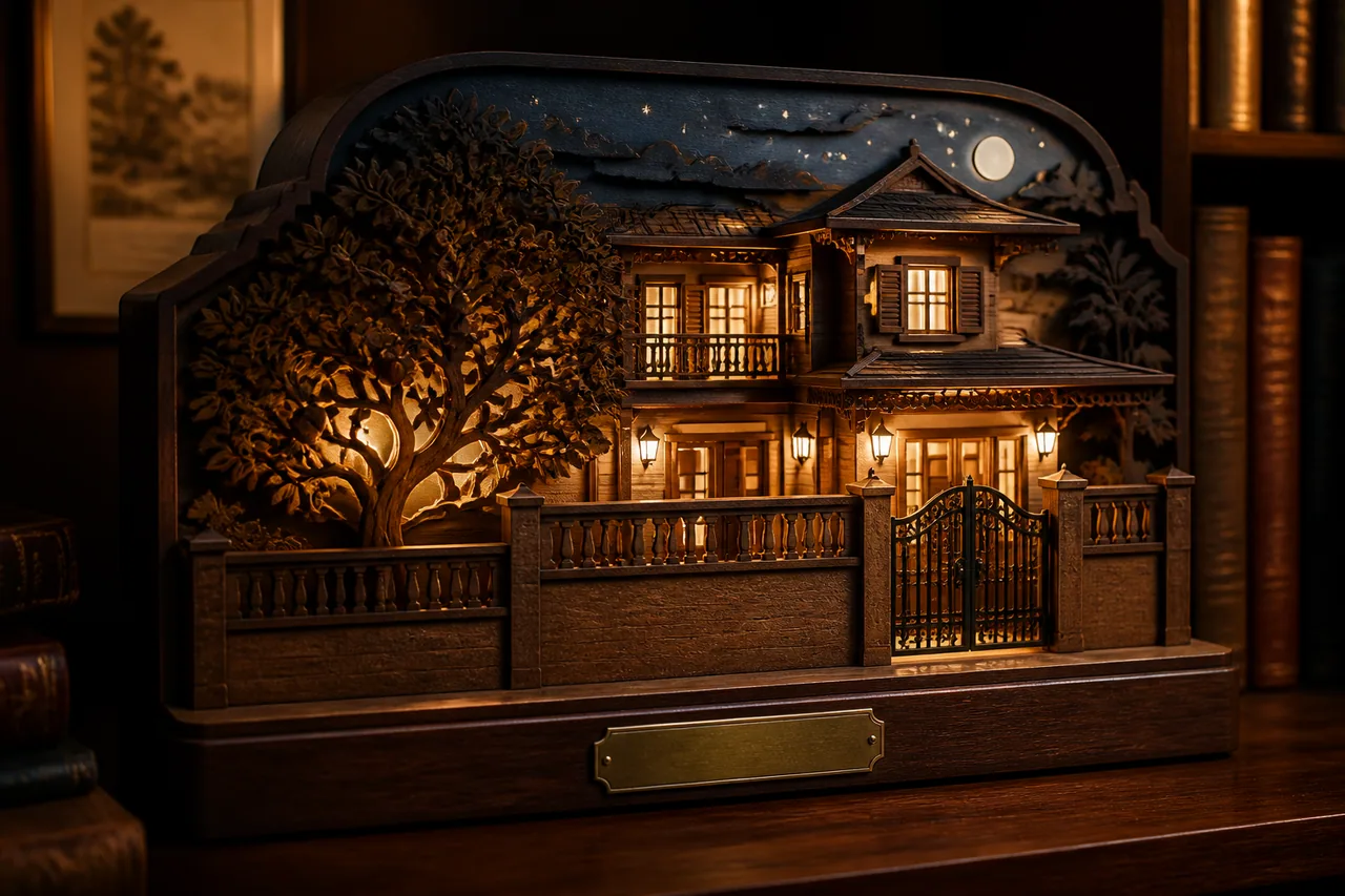 Concept render of a detailed childhood home archive lamp with warm windows