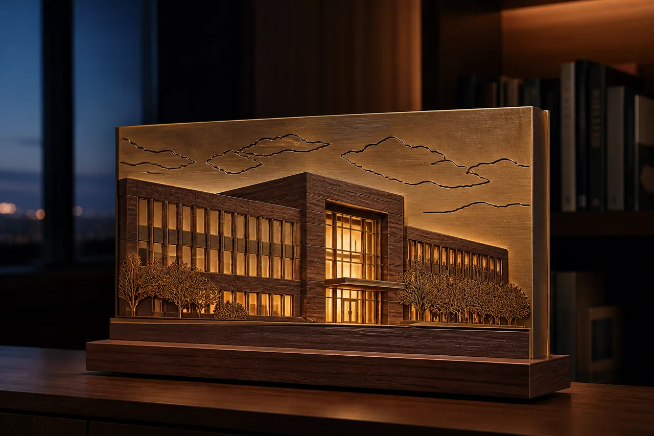 Concept render of a headquarters building translated into a lit relief memento