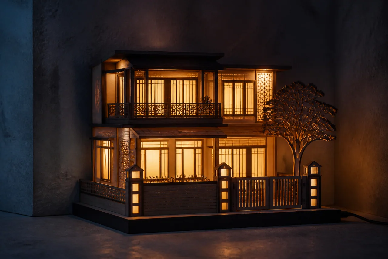 Concept render of a warm illuminated custom house facade memory lamp