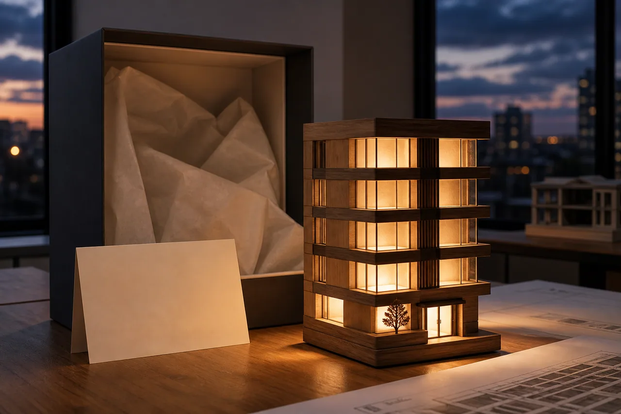 Concept render of a builder possession gift lamp in a presentation sleeve