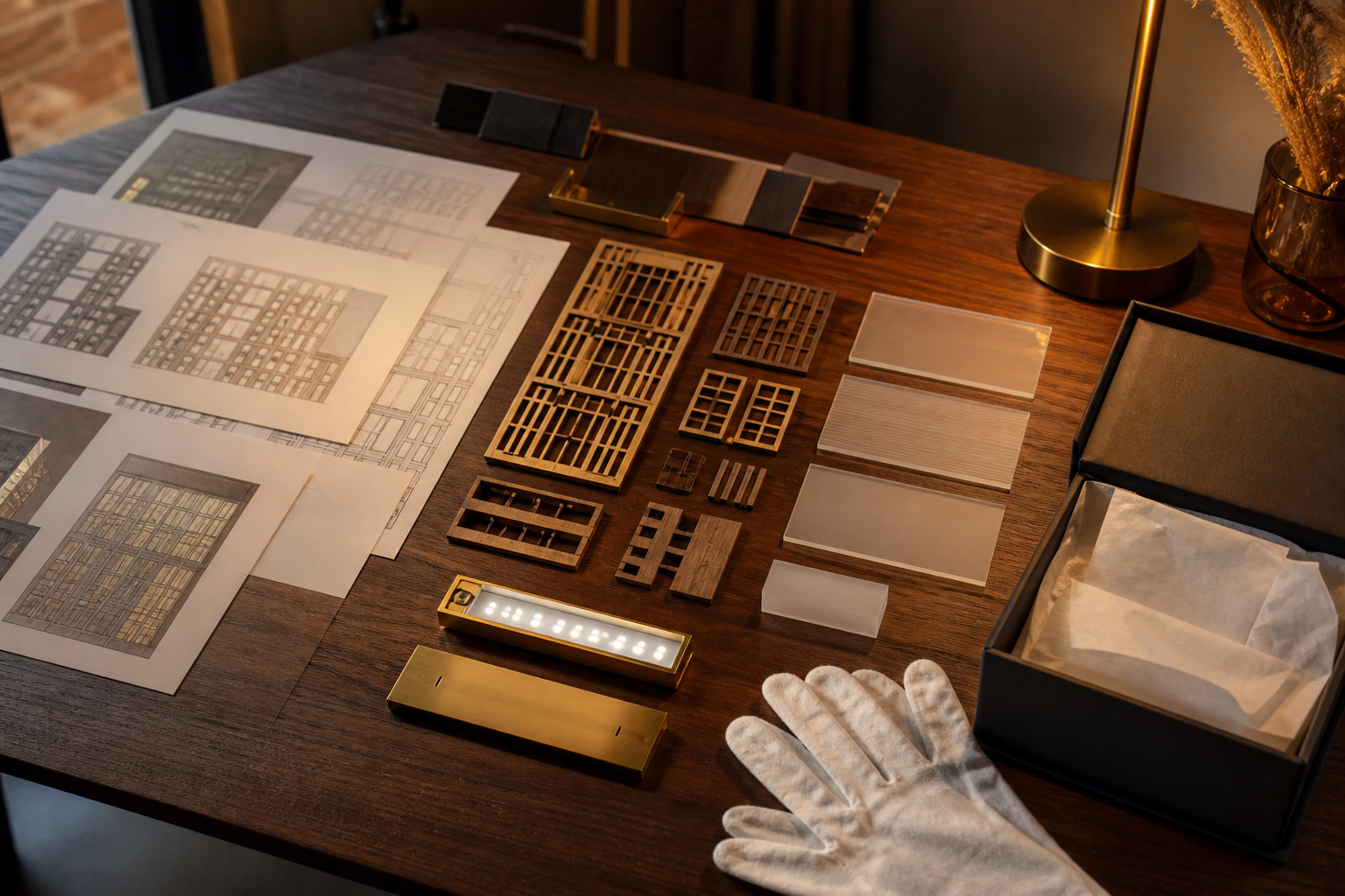 Concept render of architectural lamp proofs, parts, LED module and protective packaging