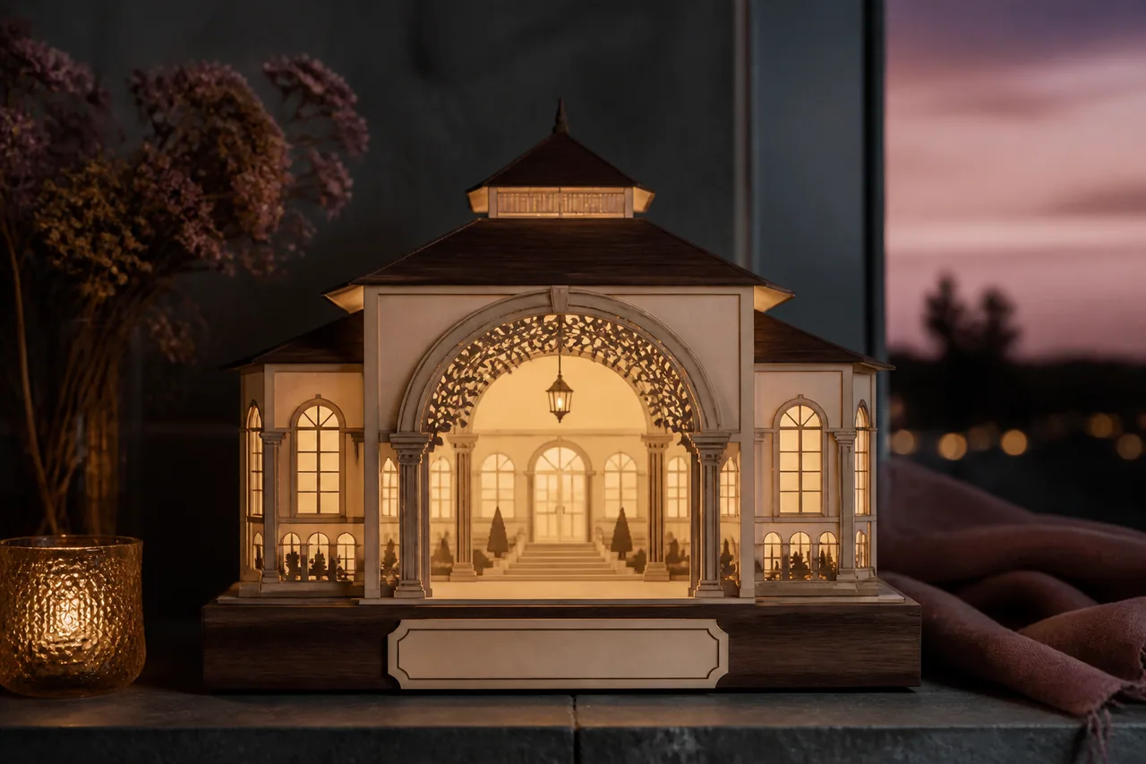 Concept render of a wedding venue architecture lamp glowing at dusk
