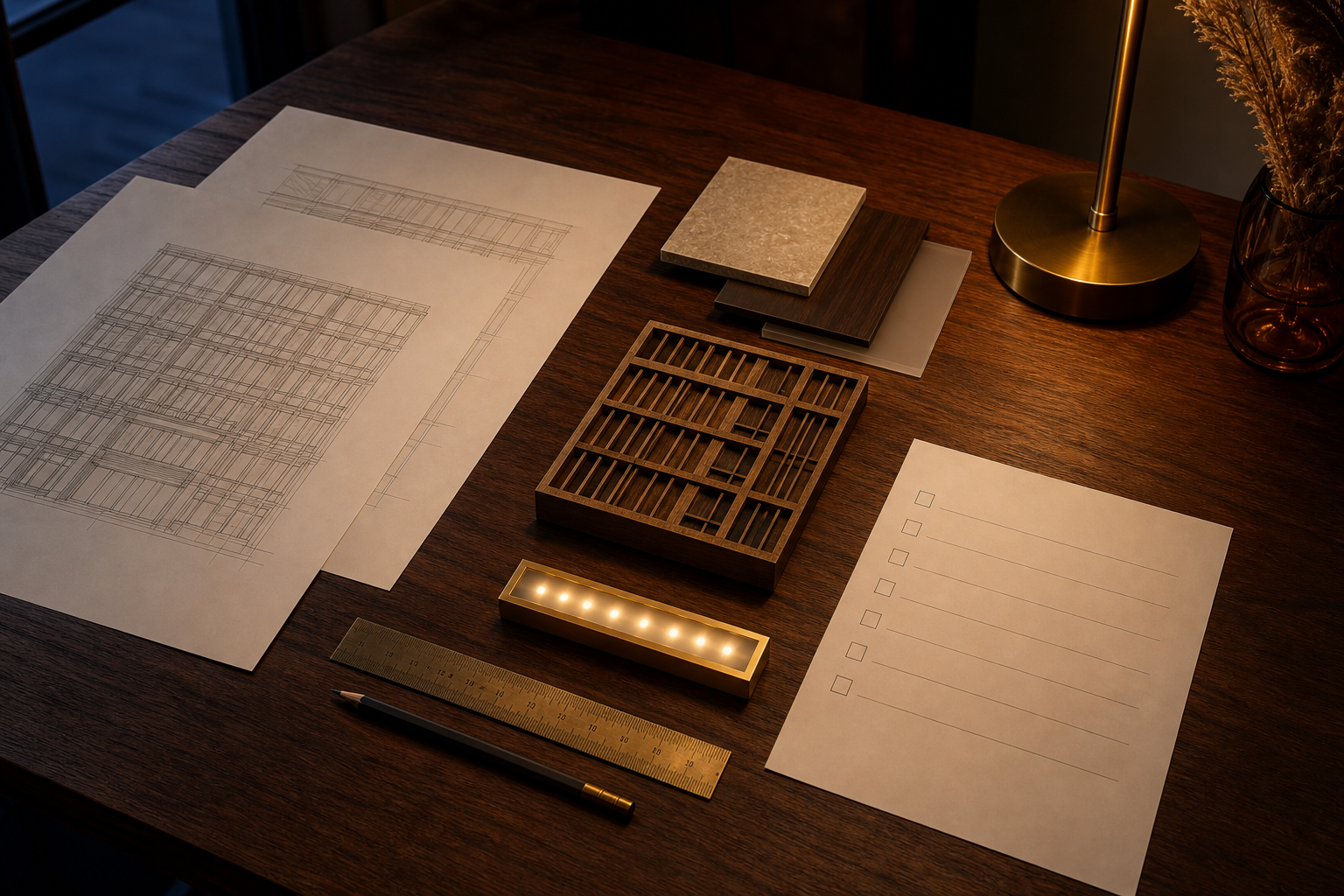 Concept render of architectural proof sheets, material swatches, a facade sample and blank approval checklist