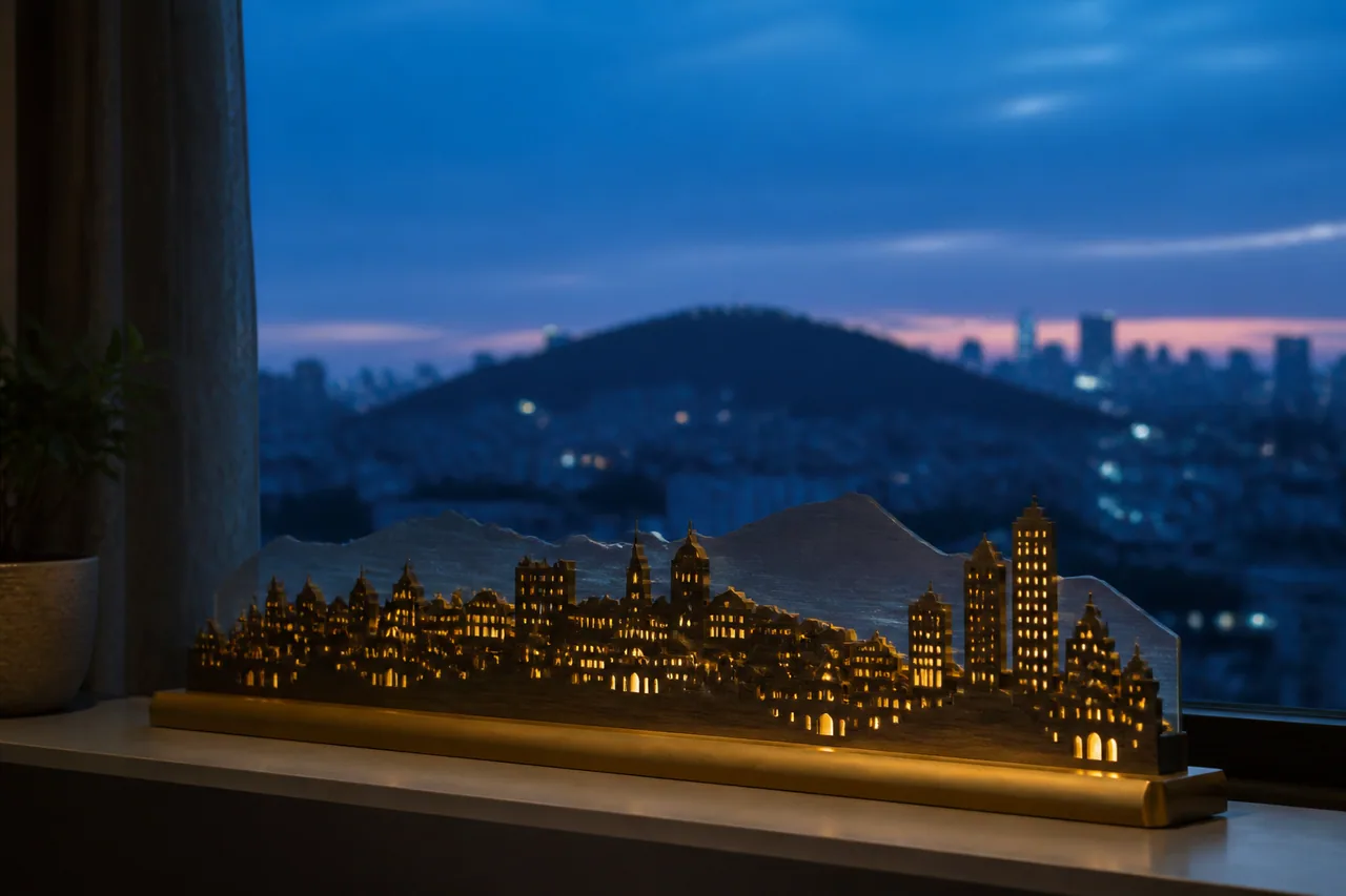 Concept render of a Pune-inspired skyline lamp at blue hour