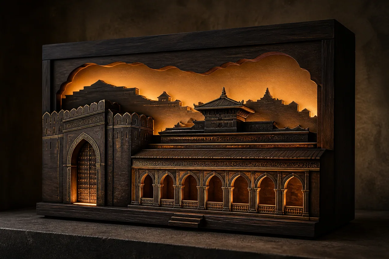 Concept render of a collector memory light inspired by a temple, fort and college facade